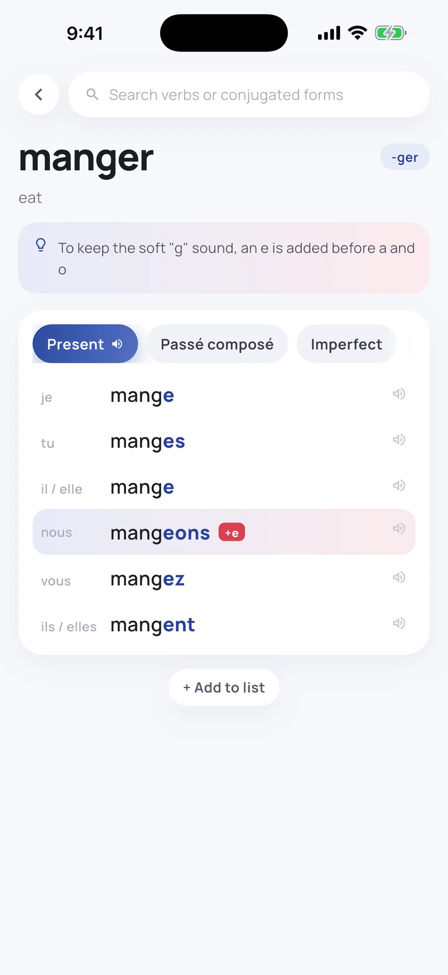 The conjugation of manger with a speaker icon on every form