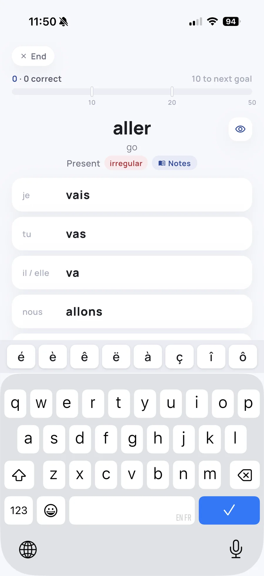 Typing the conjugation of aller in the ConjuFit practice screen