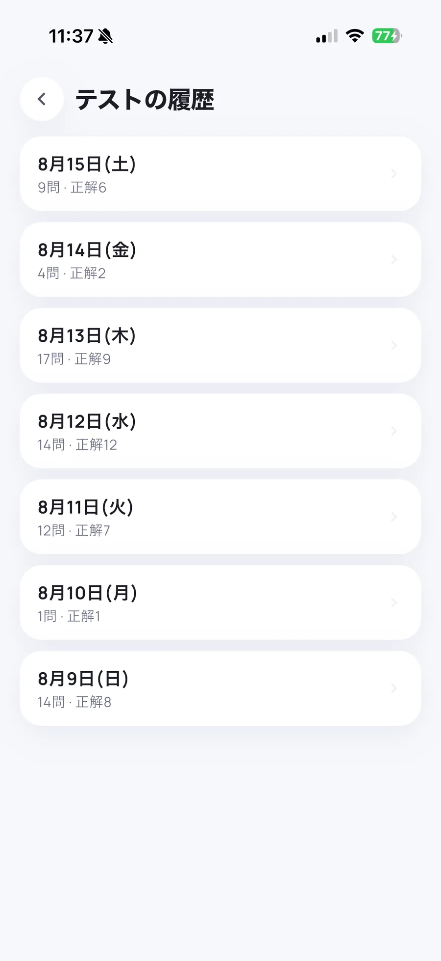 日ごとのテスト履歴一覧画面
