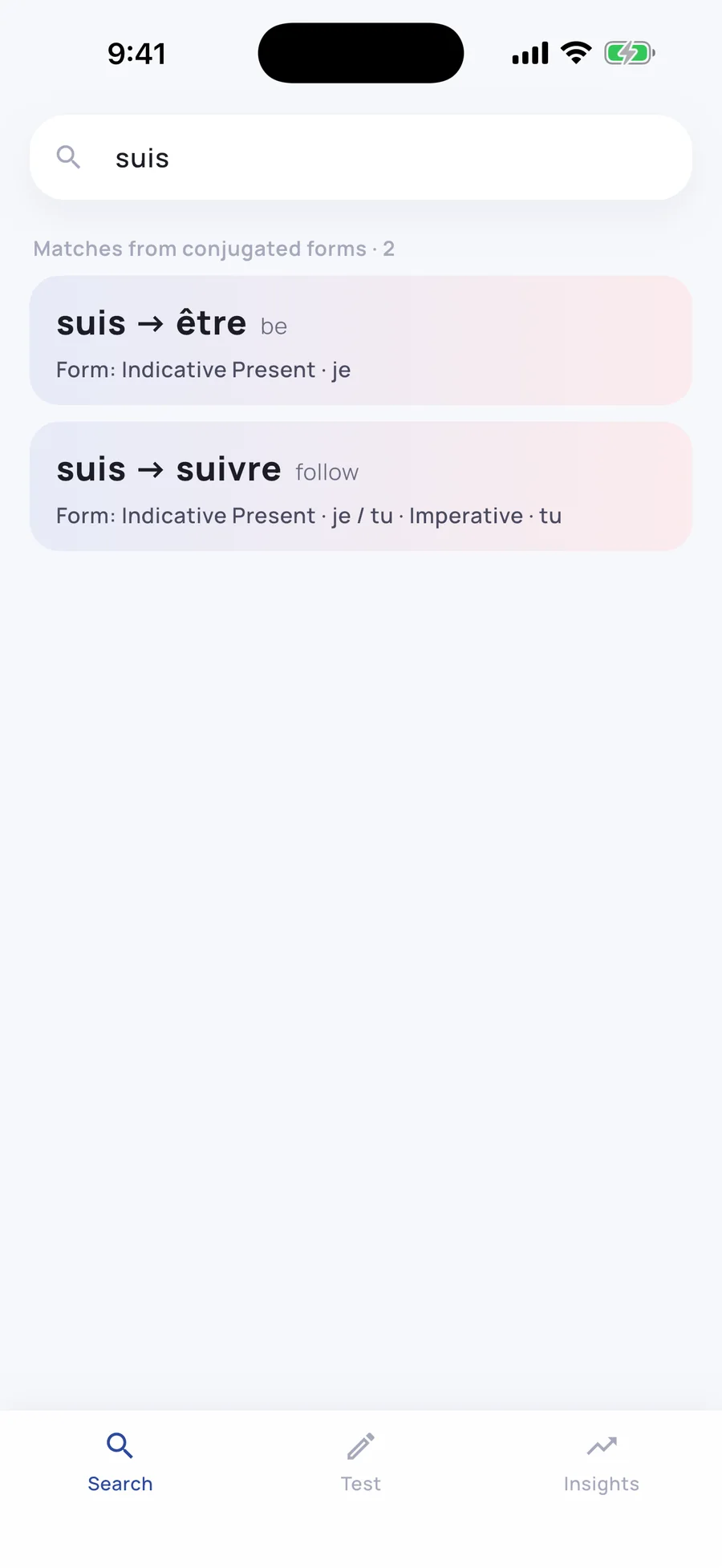 Reverse search: typing “suis” finds être and suivre